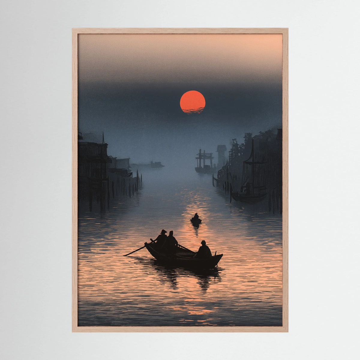 Red Sun Canal Wall Art – Asian Sunset Boat Landscape Print