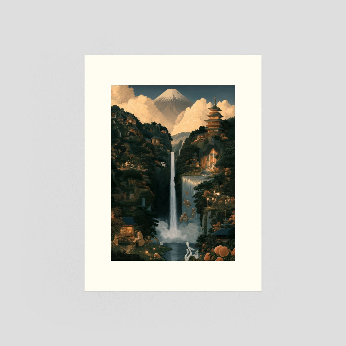 Mount Fuji Wall Art – Japanese Pagoda & Waterfall Landscape Print