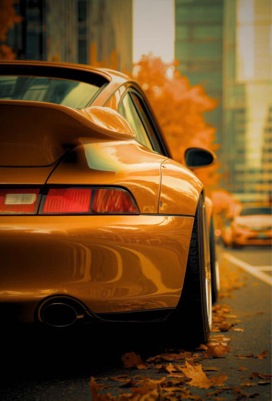 Orange Porsche in Autumn City – Luxury Car Wall Art