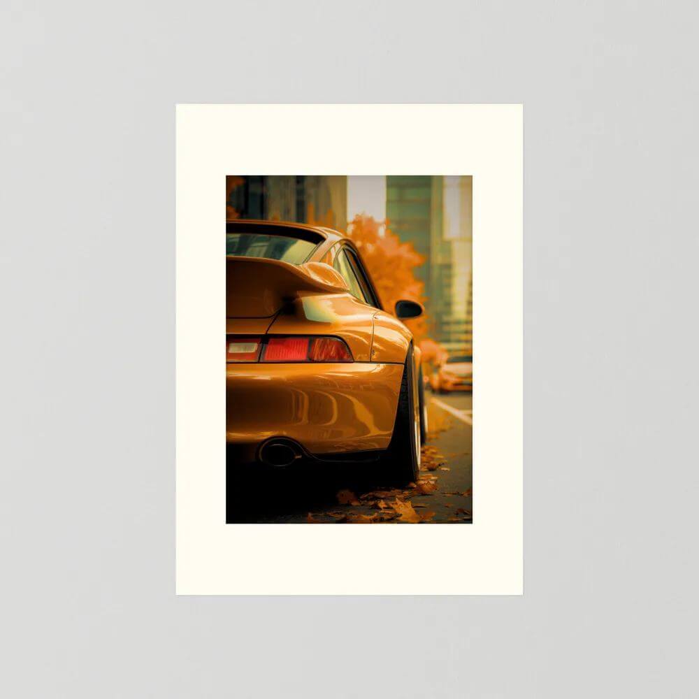 Orange Porsche in Autumn City – Luxury Car Wall Art