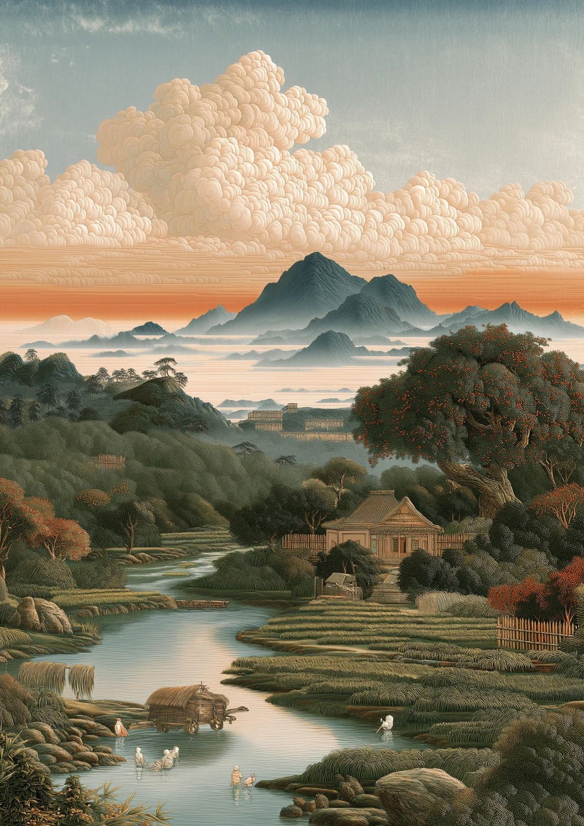 Chinese Landscape Wall Art – Mountain River Countryside Print