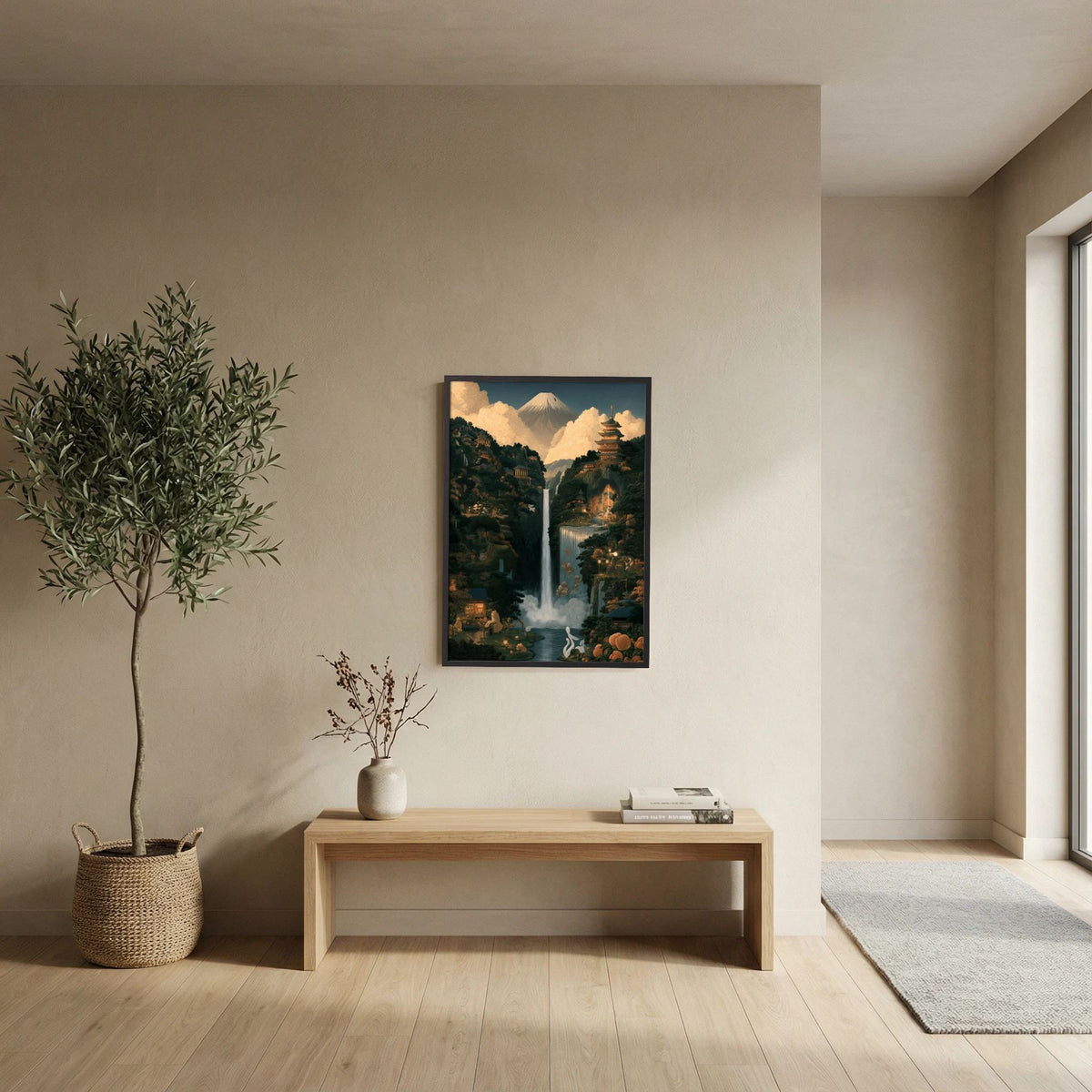 Mount Fuji Wall Art – Japanese Pagoda & Waterfall Landscape Print