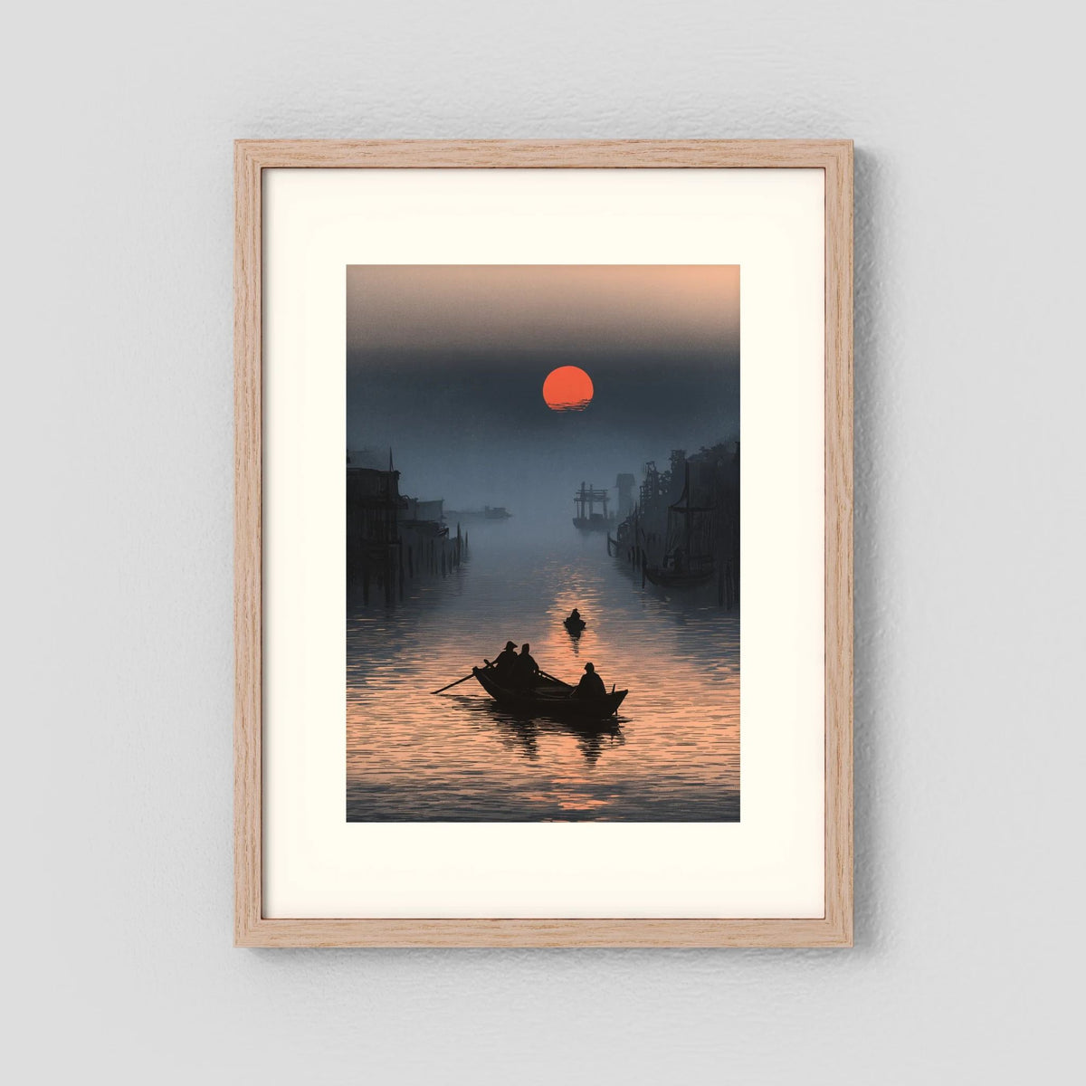 Red Sun Canal Wall Art – Asian Sunset Boat Landscape Print