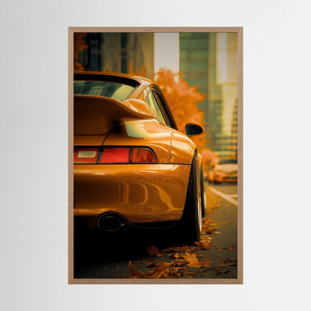 Orange Porsche in Autumn City – Luxury Car Wall Art