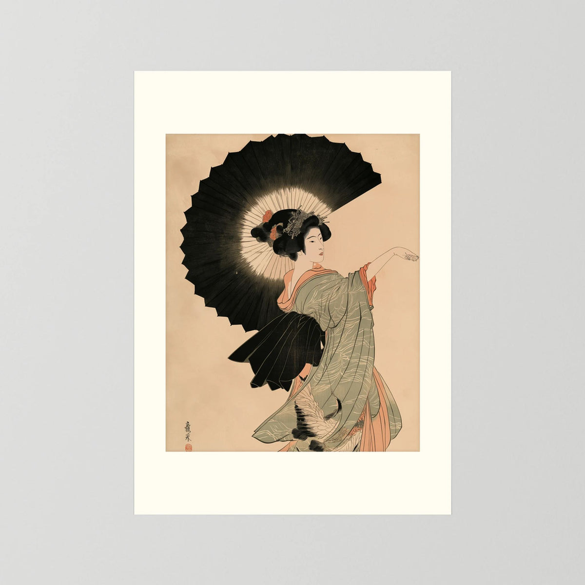 Crane Dance – Japanese Woman with Parasol Ukiyo-e Wall Art