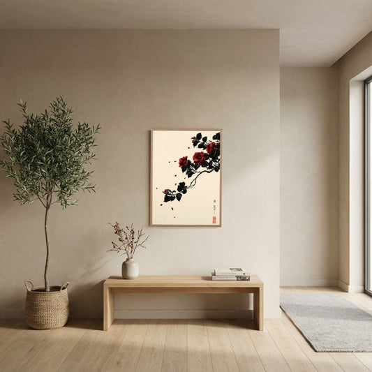 Red Camellia Botanical Wall Art | Asian-Inspired Black & Red Floral Artwork