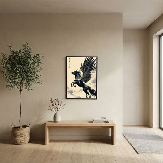 Black Pegasus Wall Art – Japanese Ukiyo-e Winged Horse Print