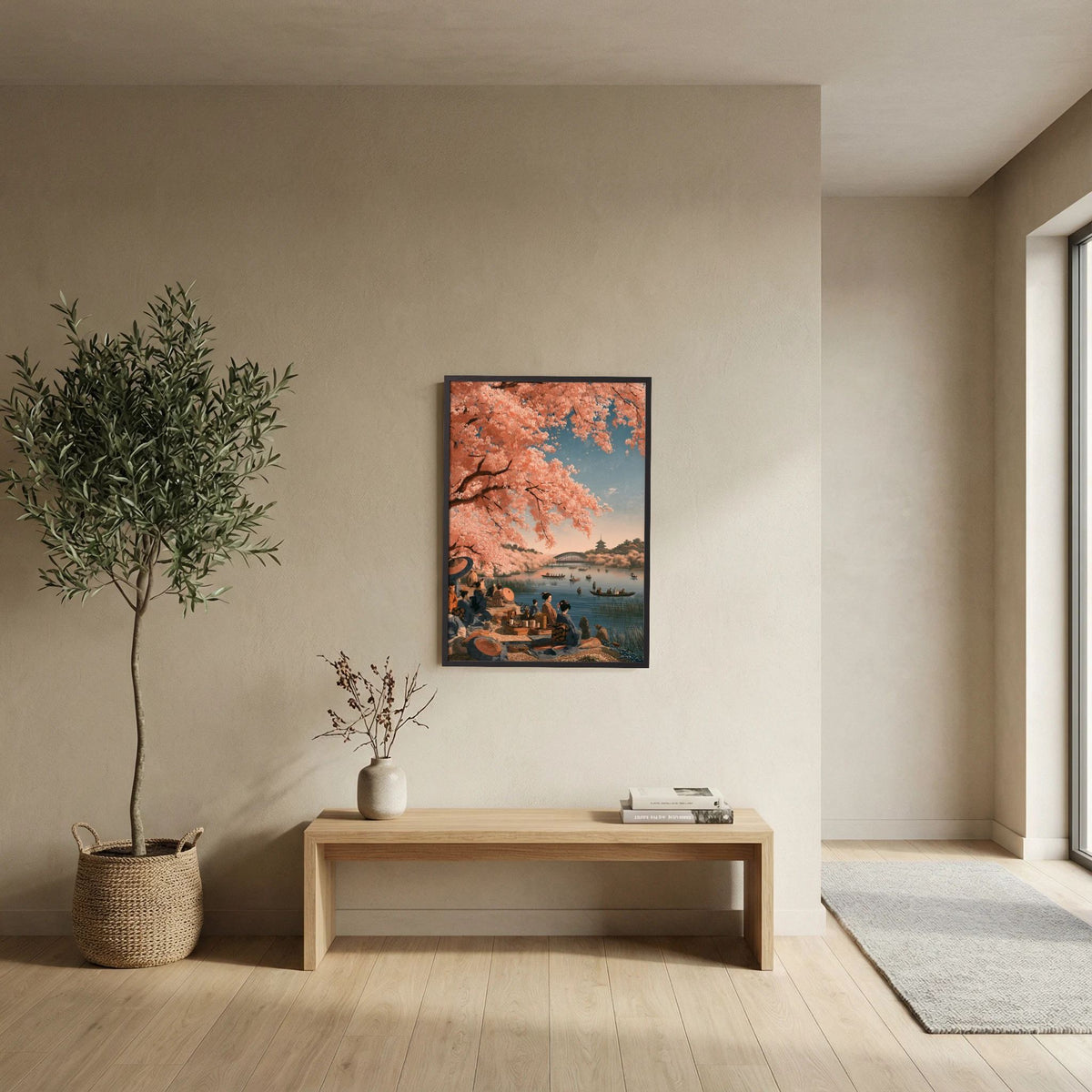 Japanese Cherry Blossom Wall Art – Sakura Lake Ukiyo-e Style Print
