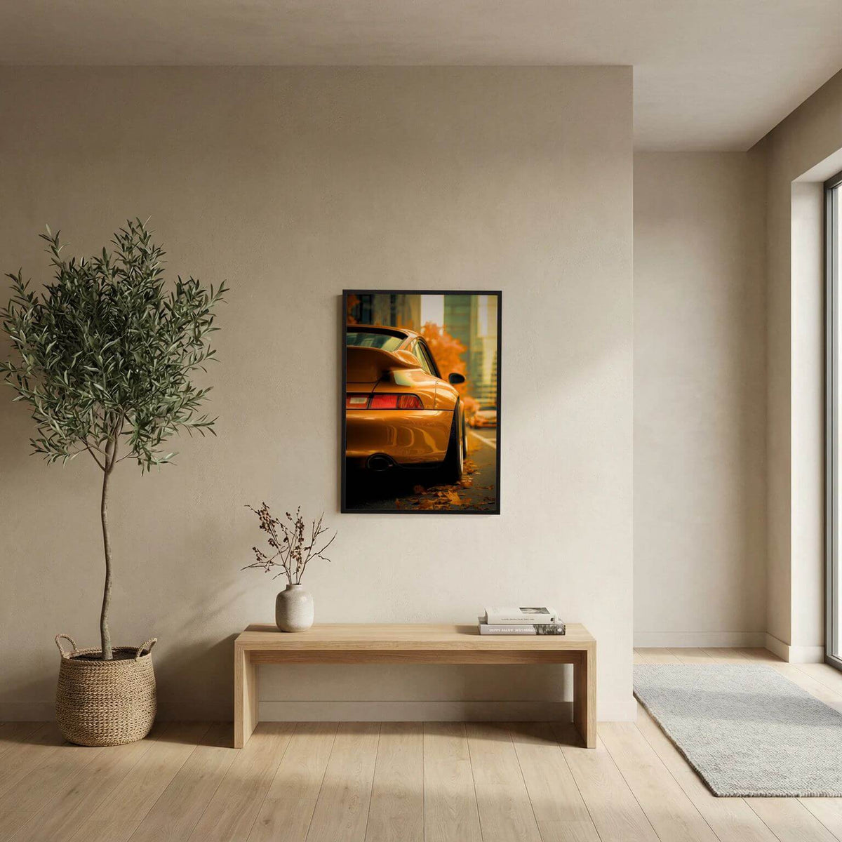 Orange Porsche in Autumn City – Luxury Car Wall Art