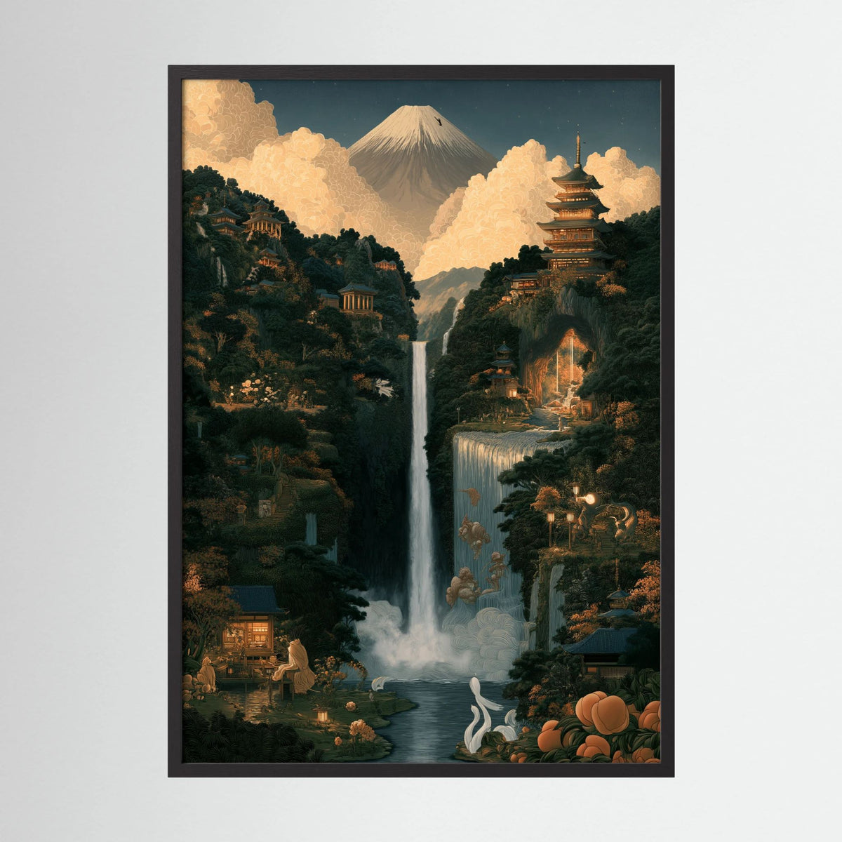 Mount Fuji Wall Art – Japanese Pagoda & Waterfall Landscape Print