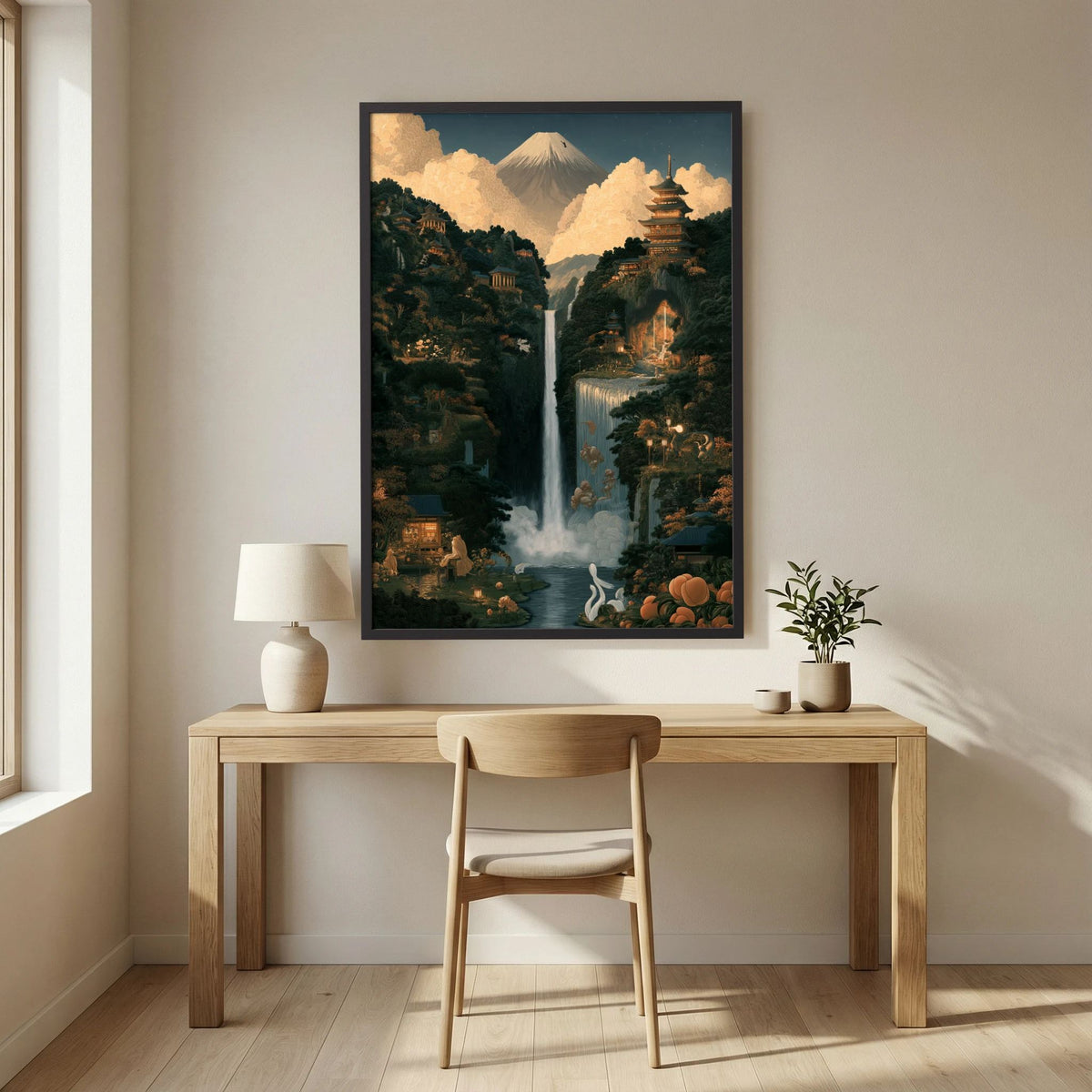 Mount Fuji Wall Art – Japanese Pagoda & Waterfall Landscape Print