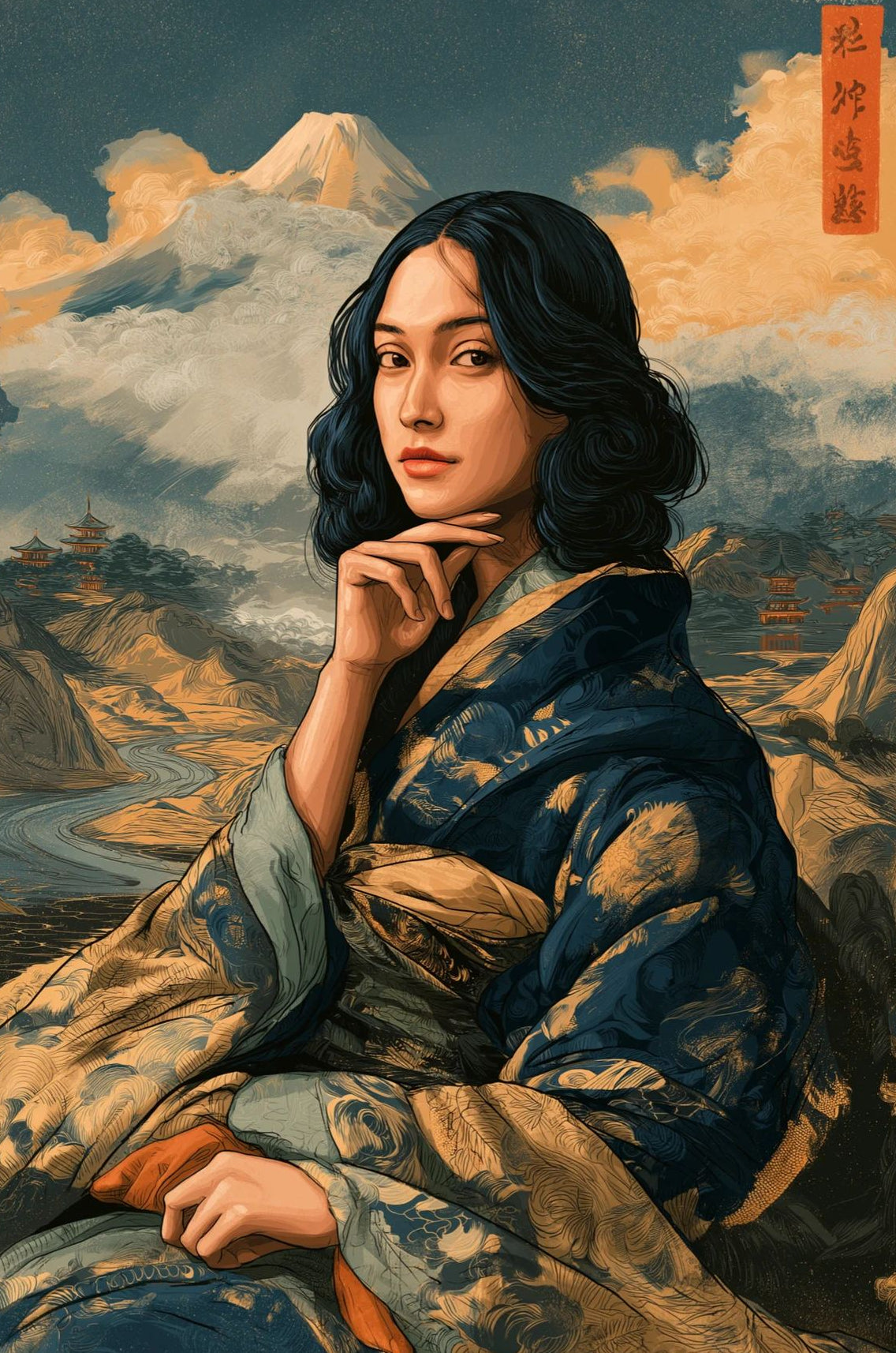 Fuji Serenity – Japanese Woman in Kimono & Mount Fuji Wall Art