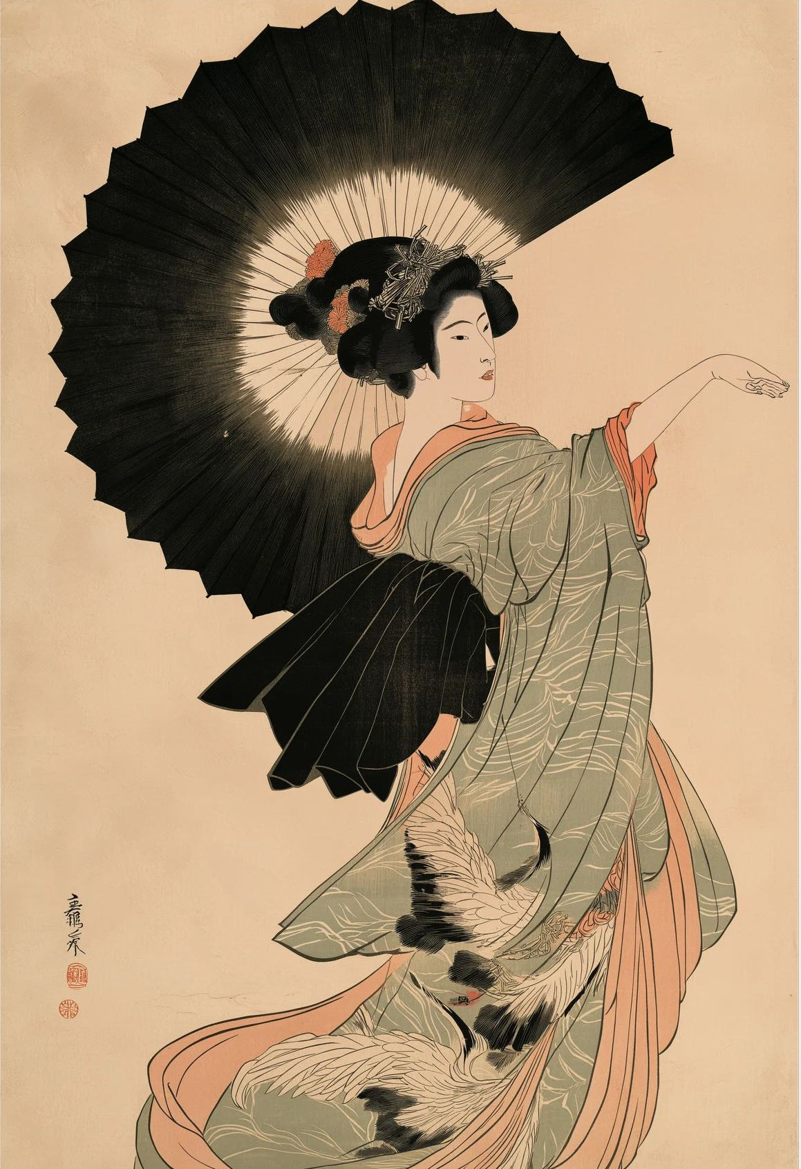 Crane Dance – Japanese Woman with Parasol Ukiyo-e Wall Art