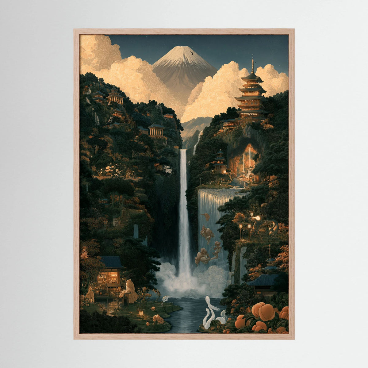 Mount Fuji Wall Art – Japanese Pagoda & Waterfall Landscape Print