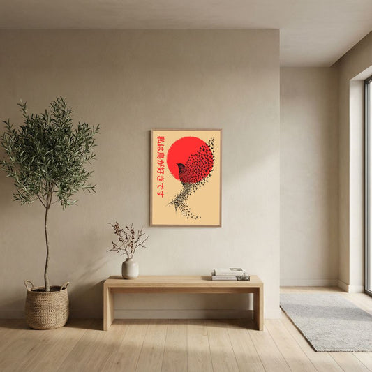 Japanese Red Sun Bird Art Print – Minimalist Asian Wall Art