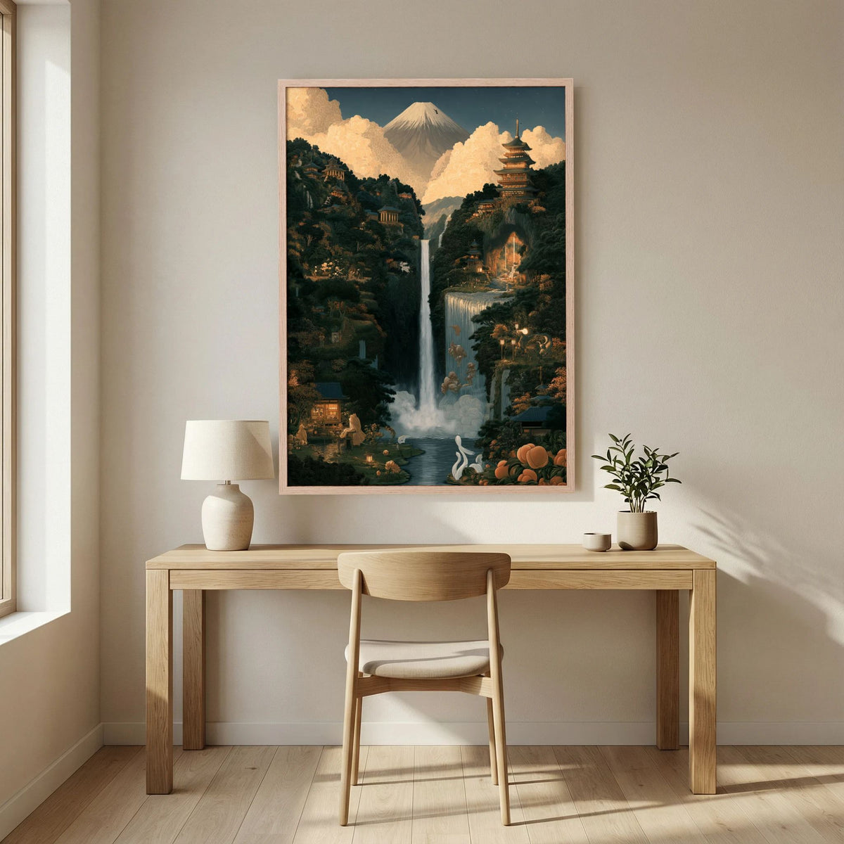Mount Fuji Wall Art – Japanese Pagoda & Waterfall Landscape Print