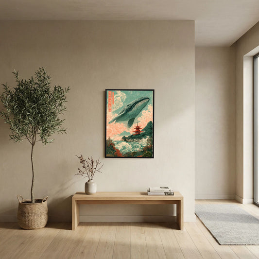 Celestial Whale Over Japan – Japanese-Inspired Ocean & Pagoda Wall Art