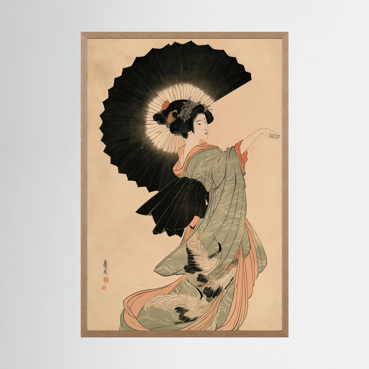 Crane Dance – Japanese Woman with Parasol Ukiyo-e Wall Art