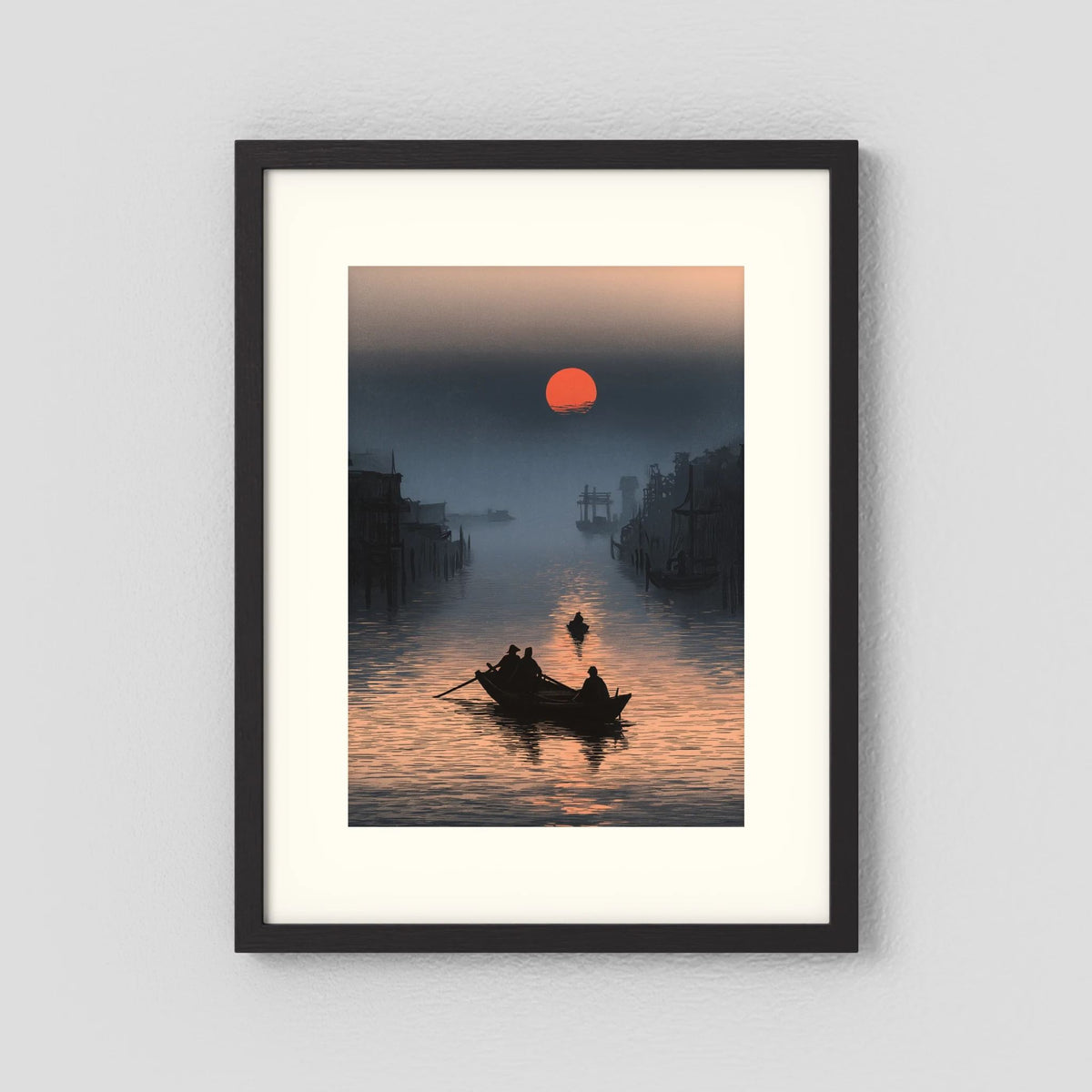 Red Sun Canal Wall Art – Asian Sunset Boat Landscape Print
