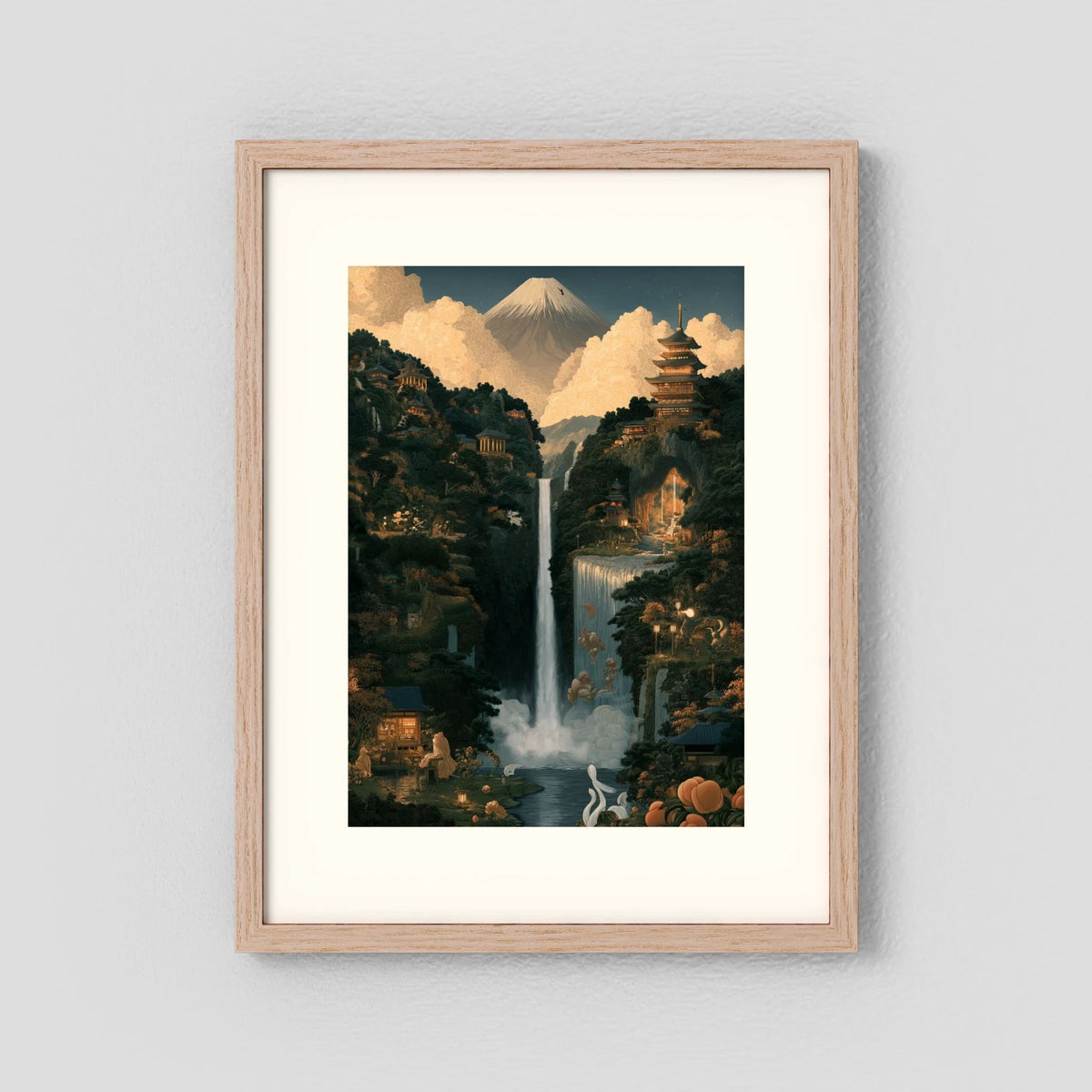 Mount Fuji Wall Art – Japanese Pagoda & Waterfall Landscape Print