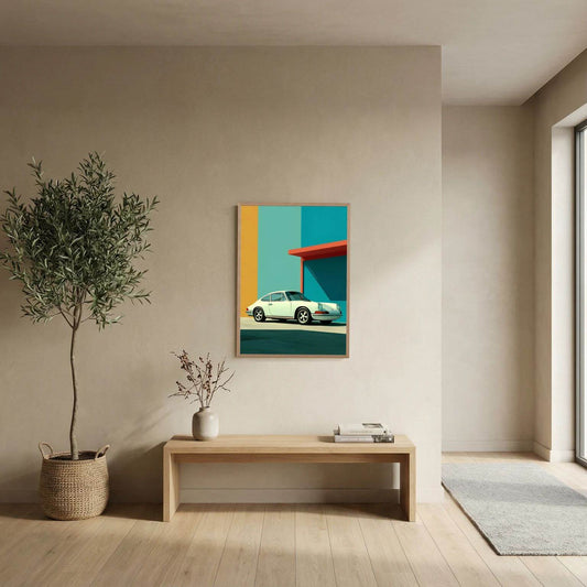 Porsche 911 Wall Art | Retro Modern Car Poster – Teal & Mustard