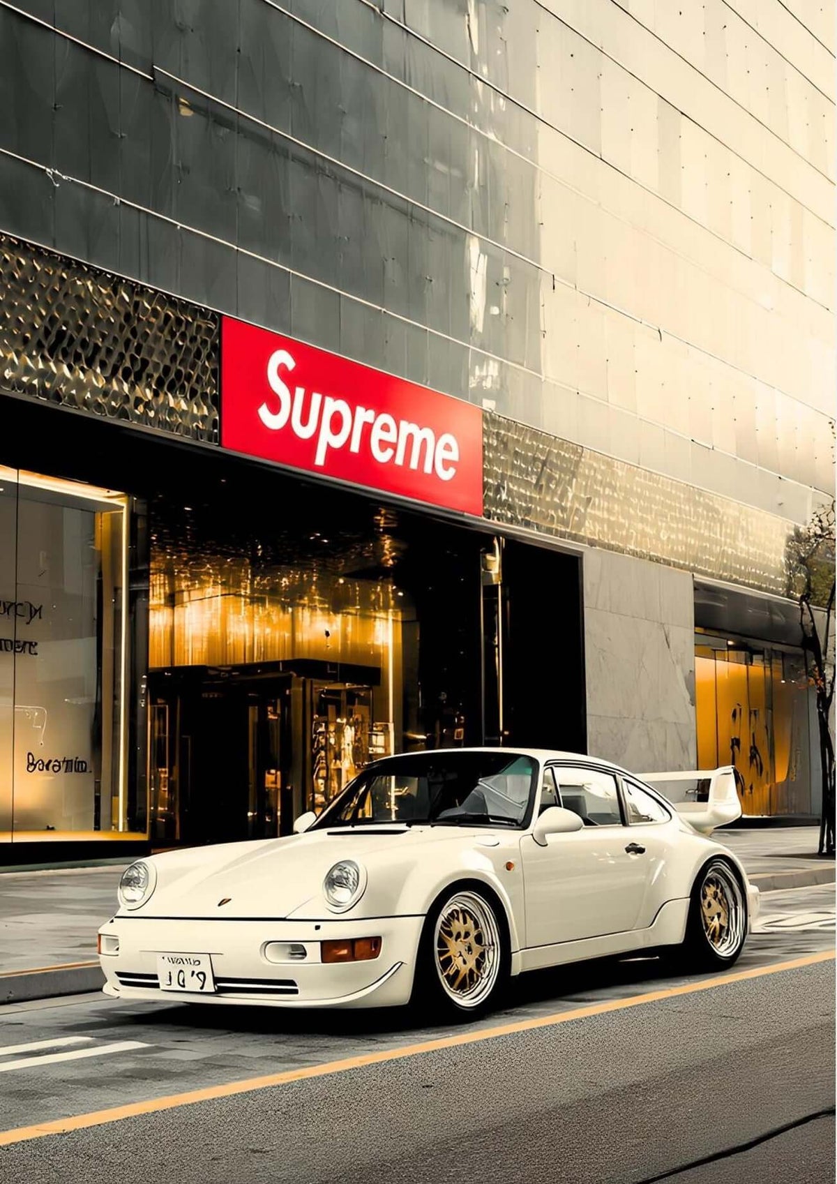 White Porsche Street Art Print – Luxury Urban Automotive Wall Art
