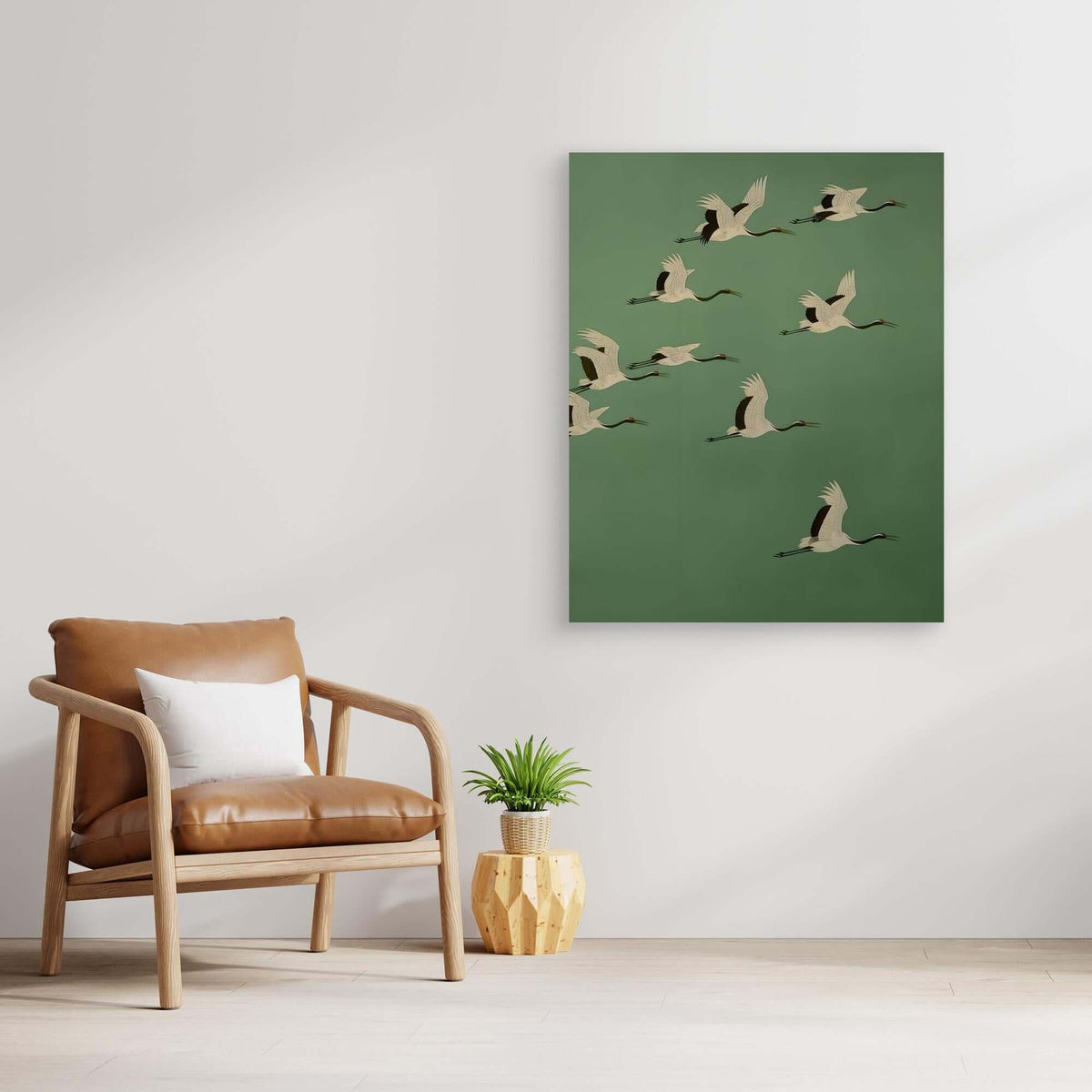 Japanese Cranes Art | Flock Flying Green Ukiyo-e Print