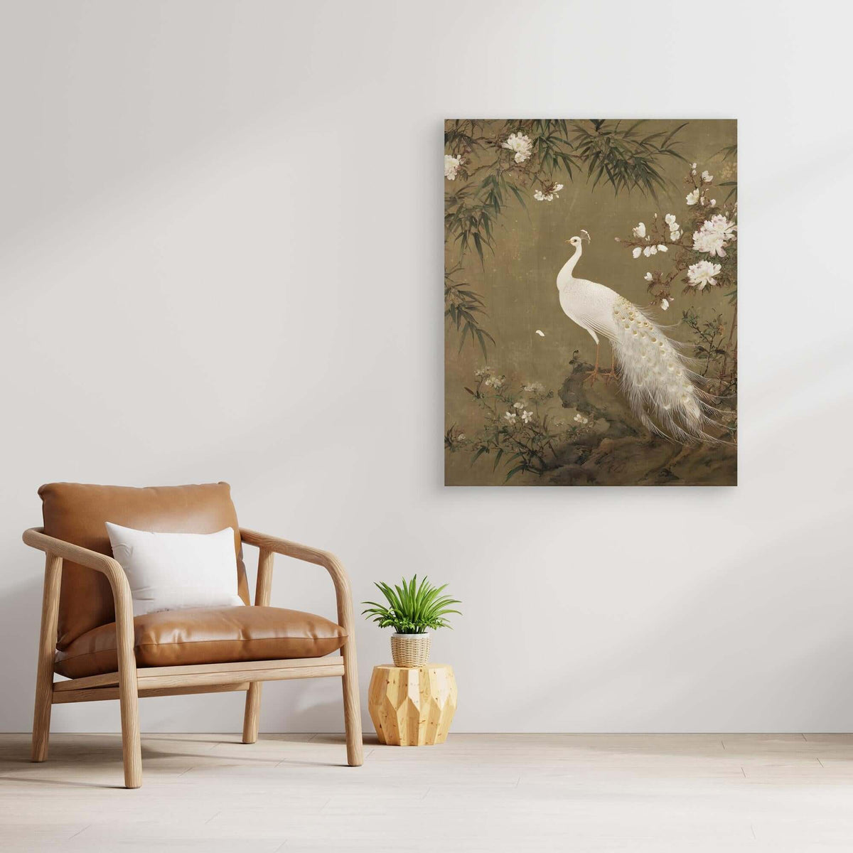 Chinese White Peacock Painting | Peonies Bamboo Gold Detail Art
