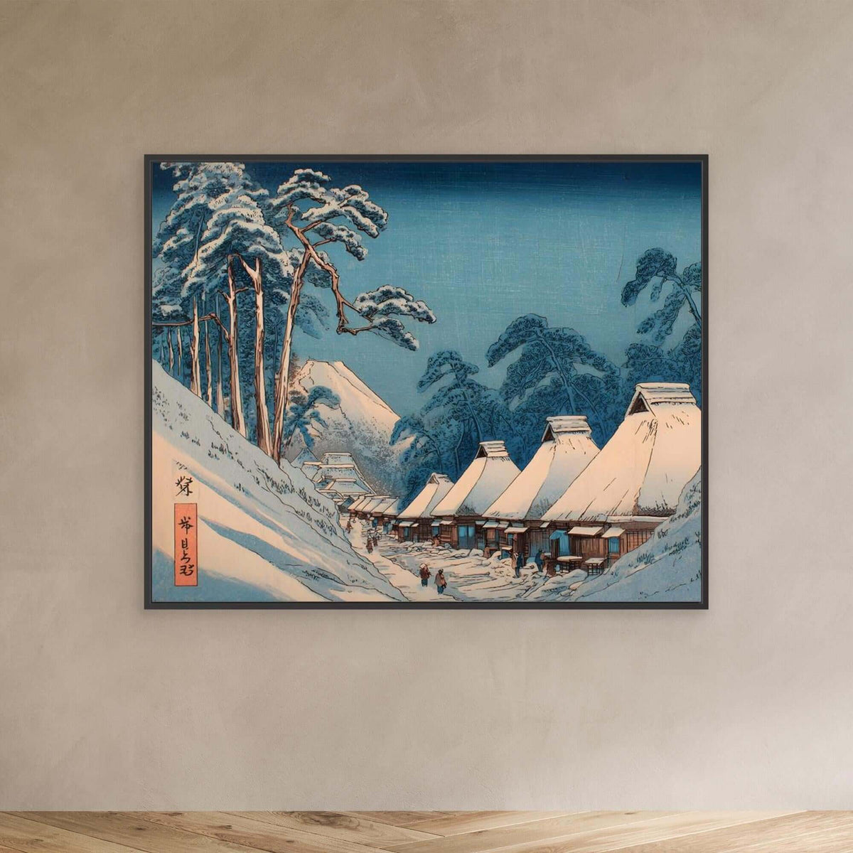 Japanese Winter Village Ukiyo-e | Snow Pine Trees Woodblock Print Art