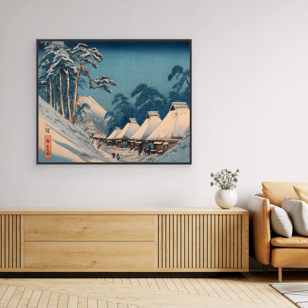 Japanese Winter Village Ukiyo-e | Snow Pine Trees Woodblock Print Art