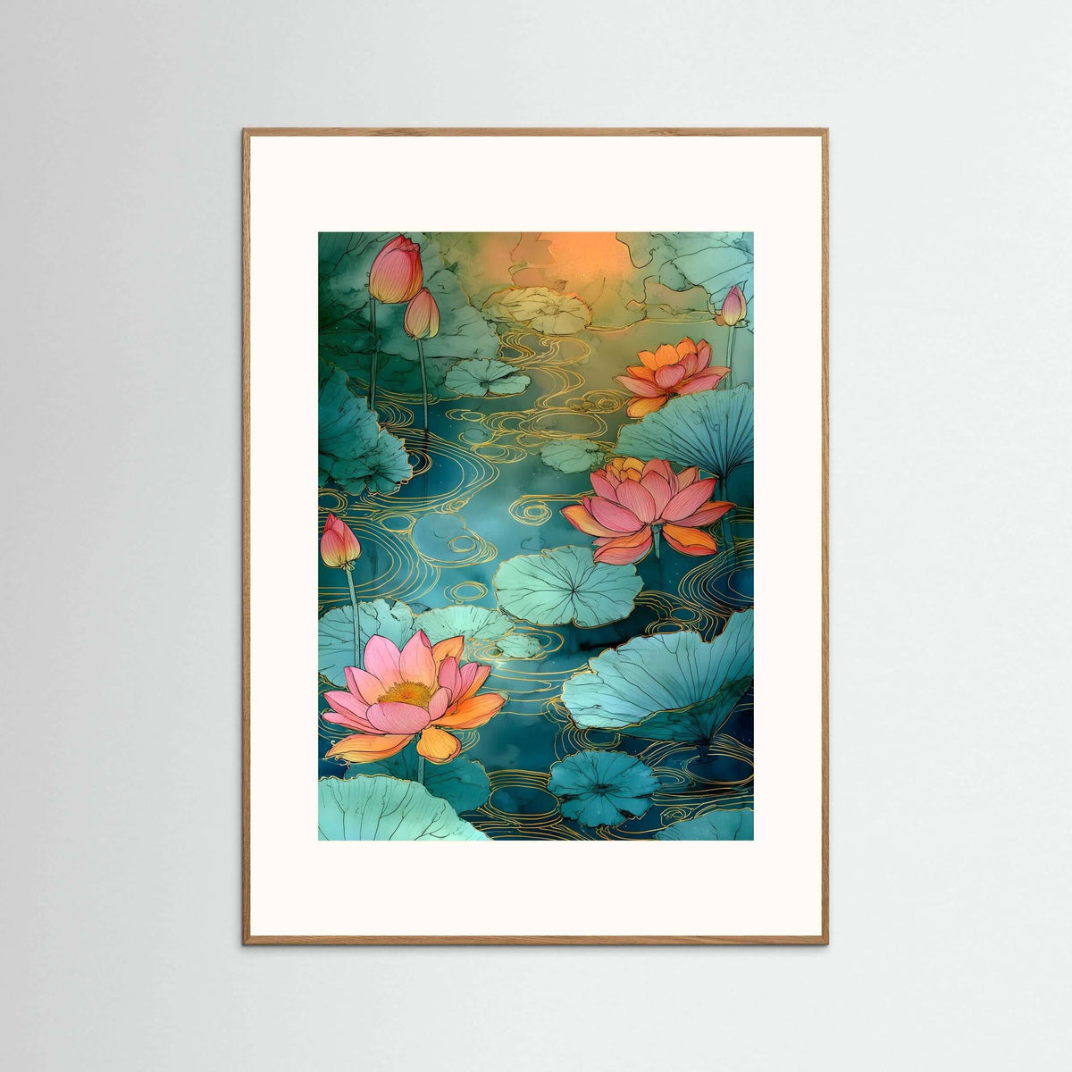  Japandi botanical wall art print-Golden Lotus Flow