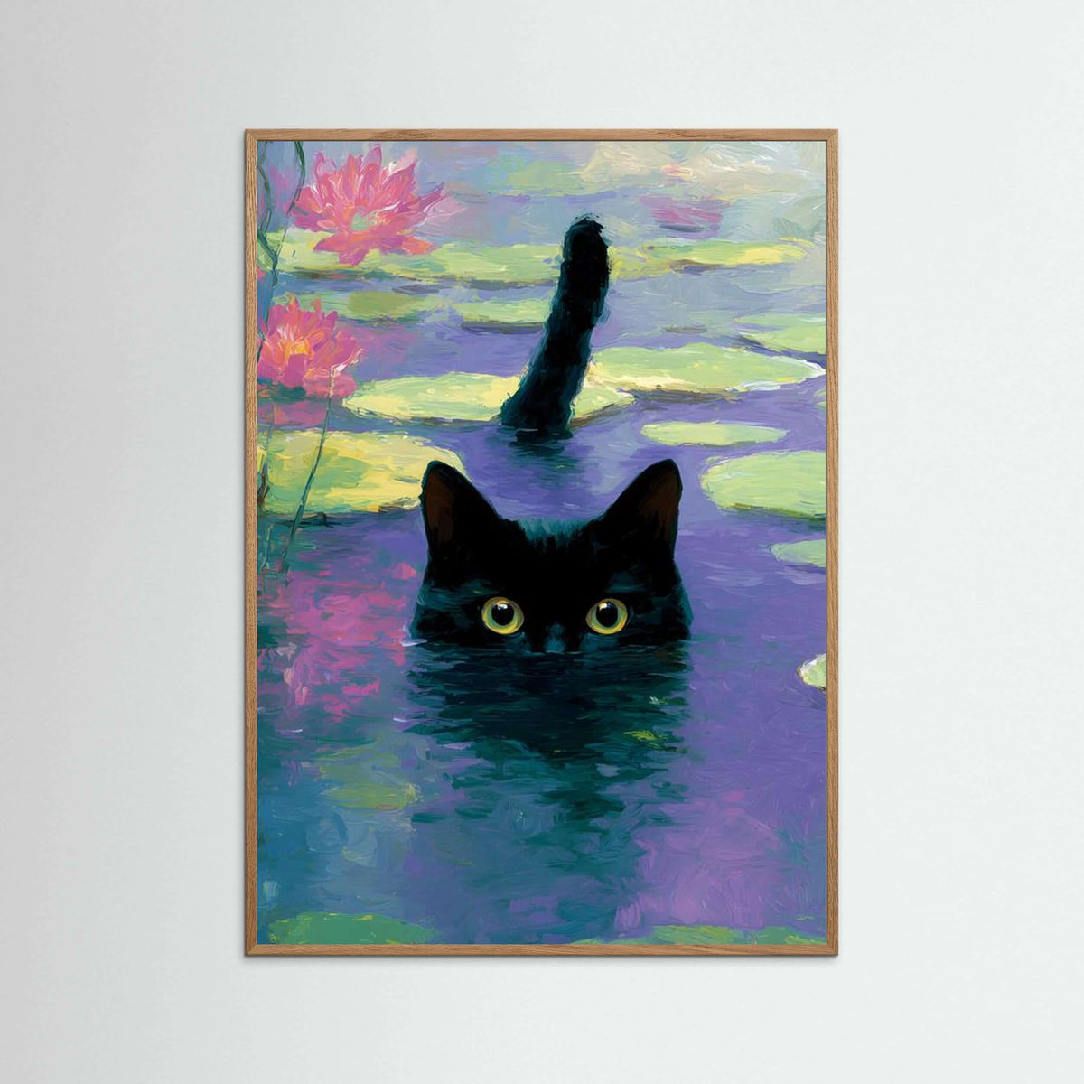 Moonlit Lotus Watcher — Black Cat Pond Wall Art