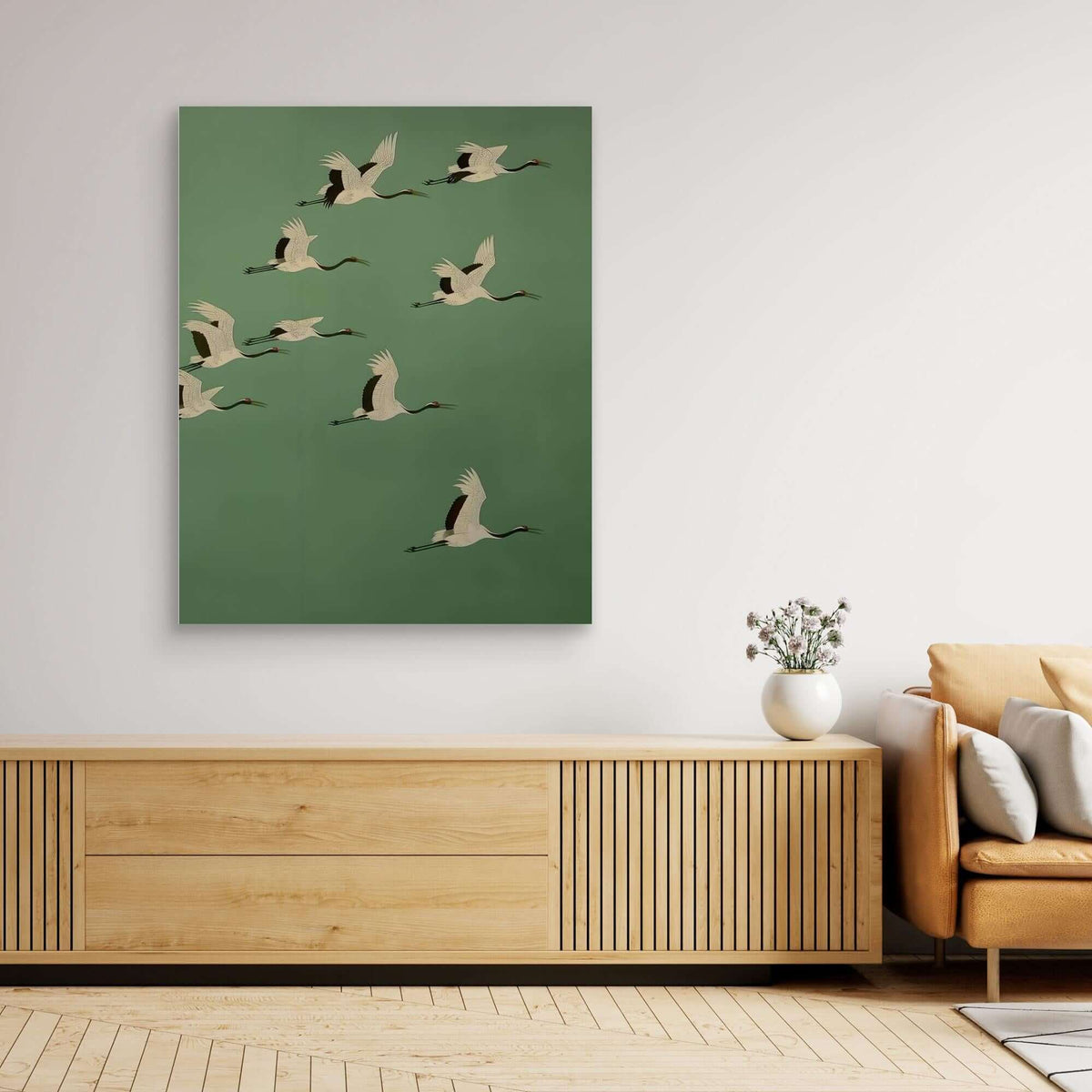 Japanese Cranes Art | Flock Flying Green Ukiyo-e Print