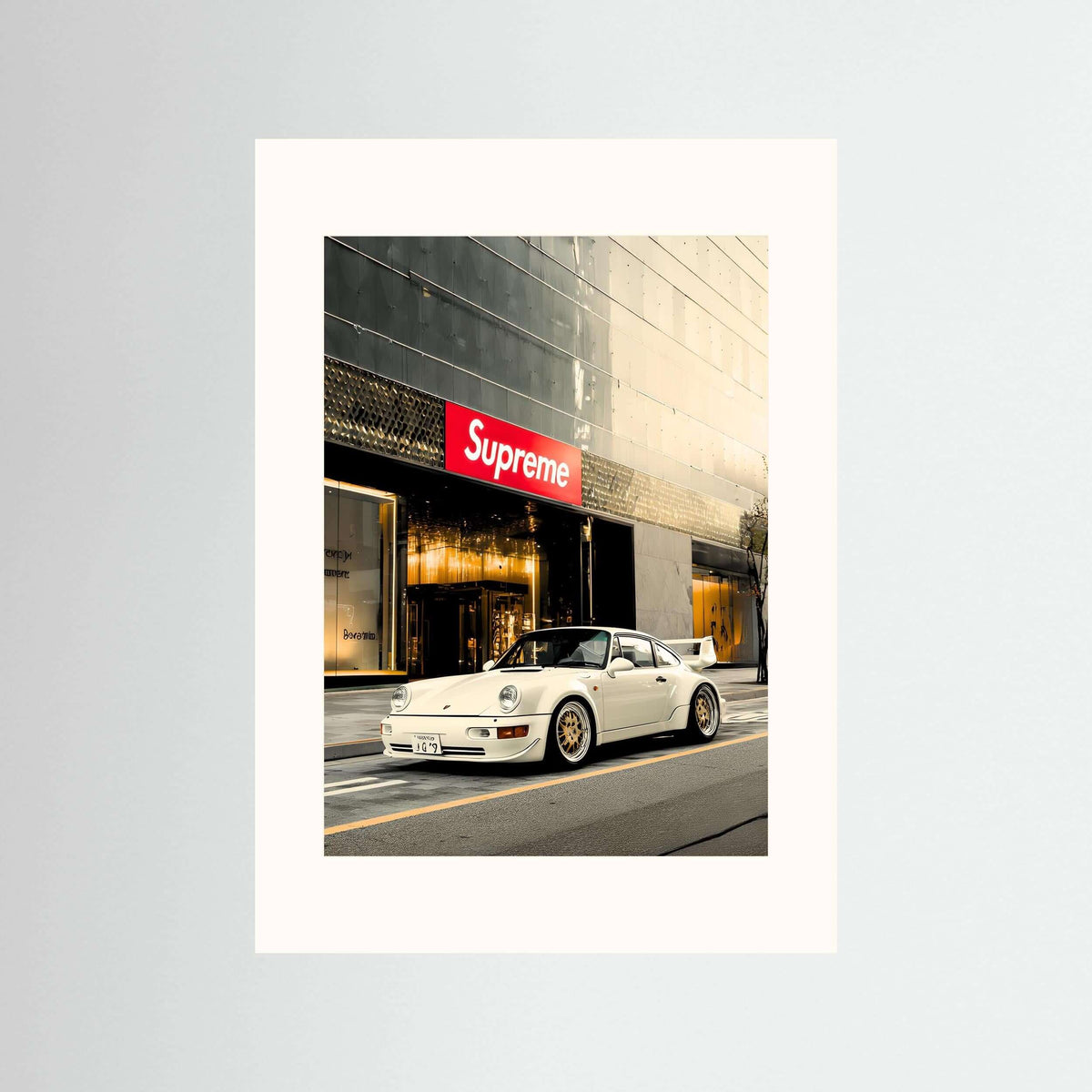 White Porsche Street Art Print – Luxury Urban Automotive Wall Art