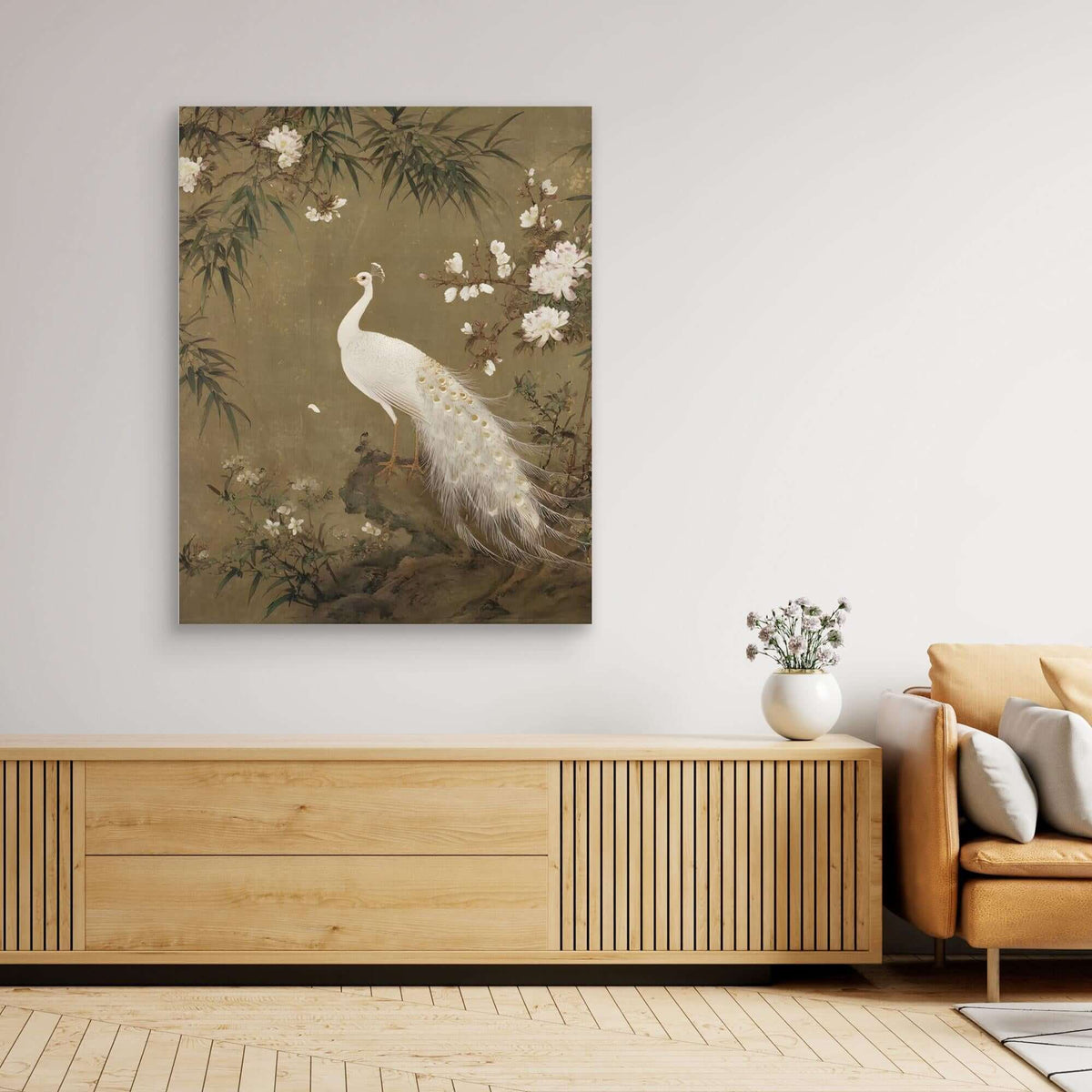 Chinese White Peacock Painting | Peonies Bamboo Gold Detail Art