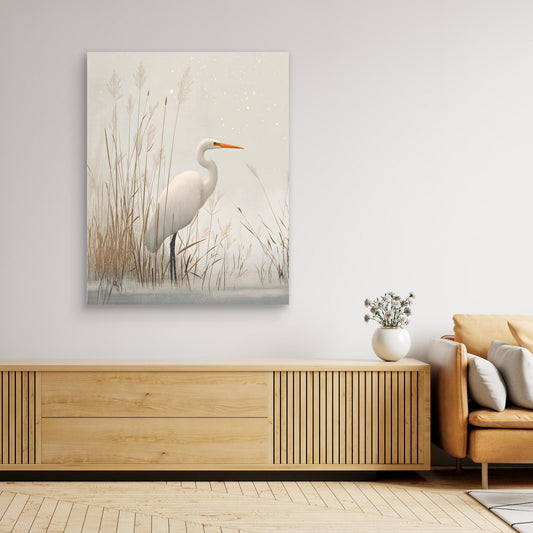 White Egret Winter Reeds Japanese Art Print