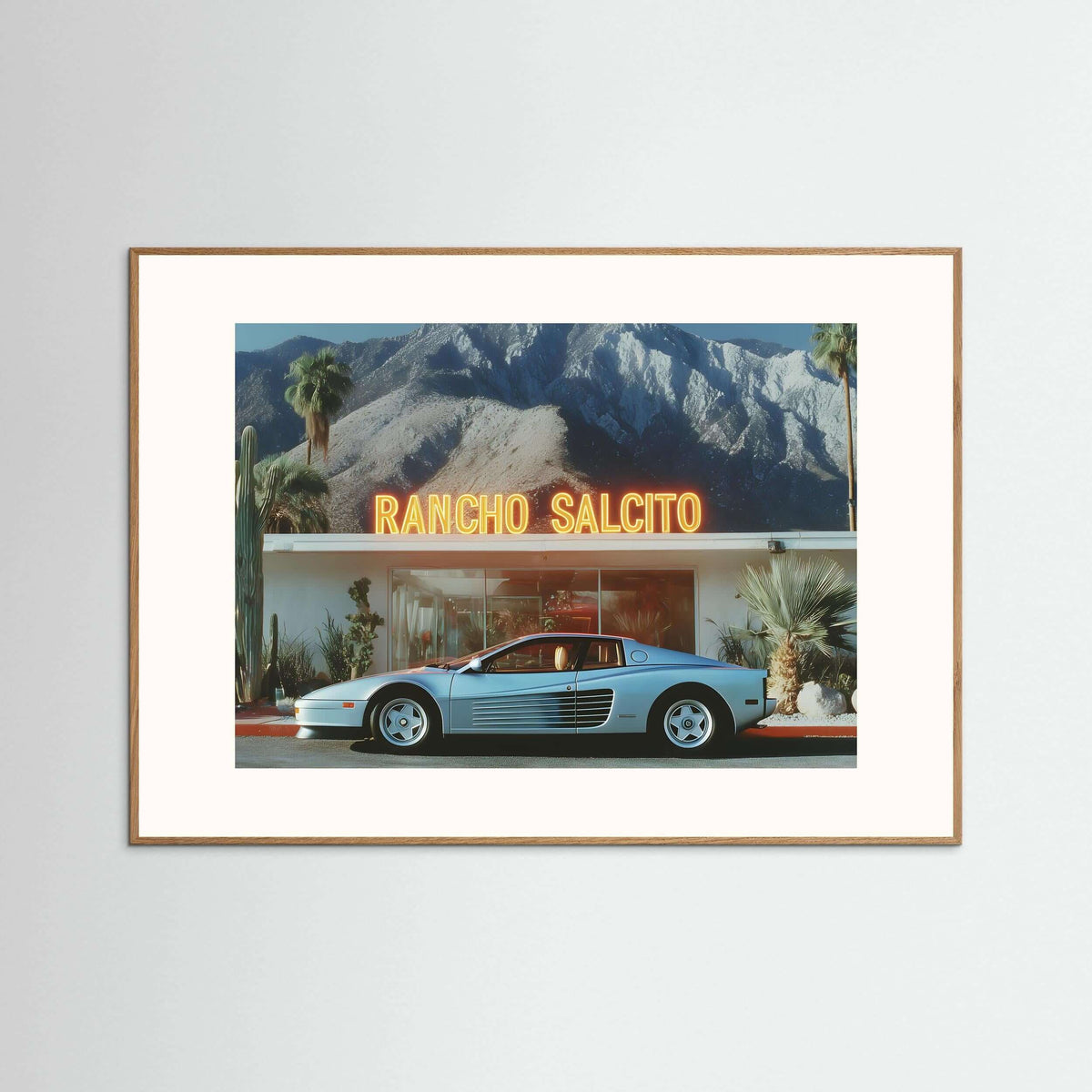 Rancho Salcito Nights Wall Art – Retro Supercar Desert Motel Canvas Print