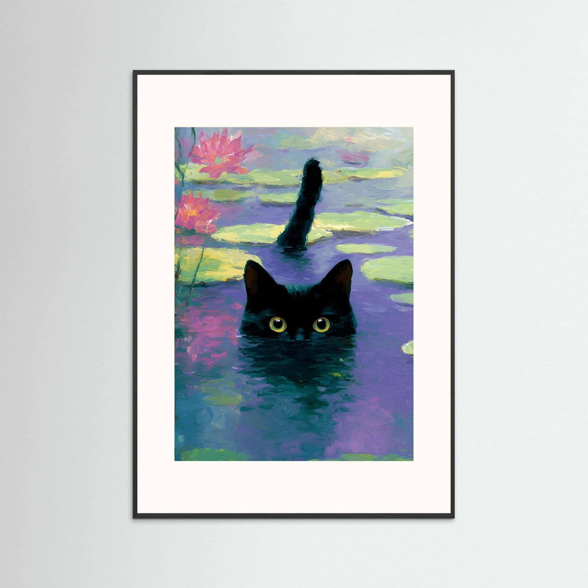 Moonlit Lotus Watcher — Black Cat Pond Wall Art